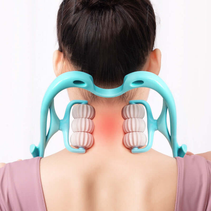Woman using a multifunctional six-wheel neck massager for relaxing muscle relief and improved circulation.