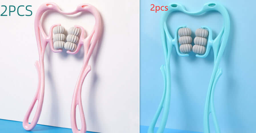 Multifunctional six-wheel neck massager in pink and blue, designed for soothing muscle relief and improved circulation.