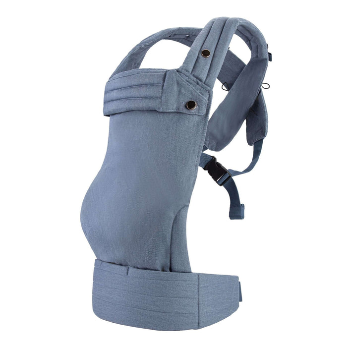 Multi-functional adjustable baby carrier in blue fabric, designed for all seasons and child comfort.