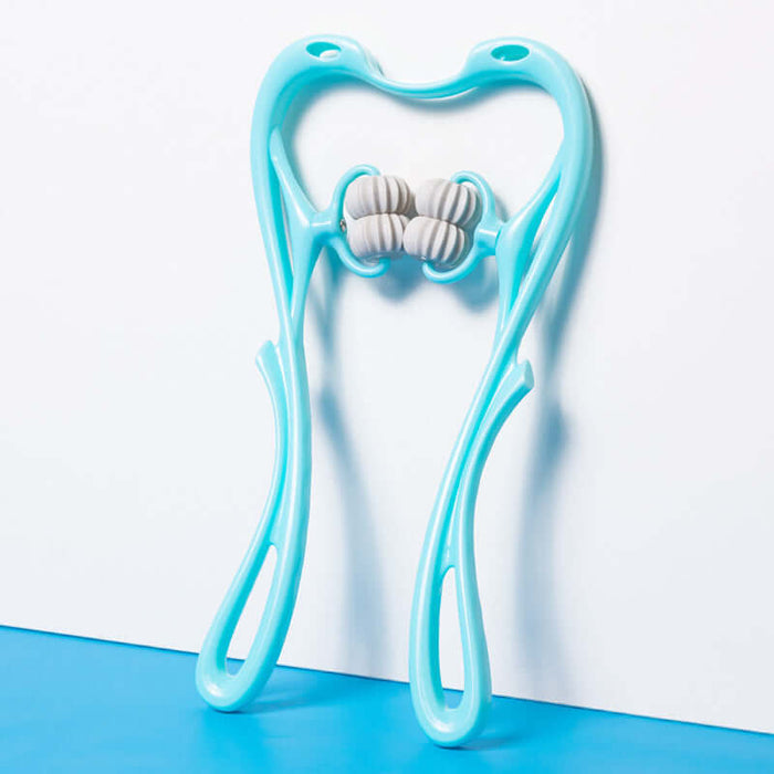 Multifunctional six-wheel neck massager in light blue designed for deep tissue relief and muscle relaxation.